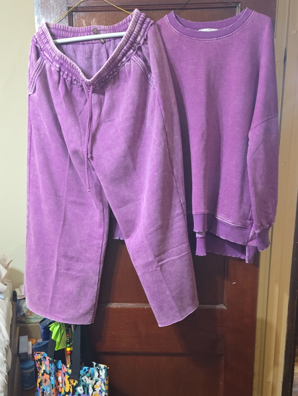 Zenana Outfitters Purple Boot Cut Raw Hem Flare & Crewneck Set
